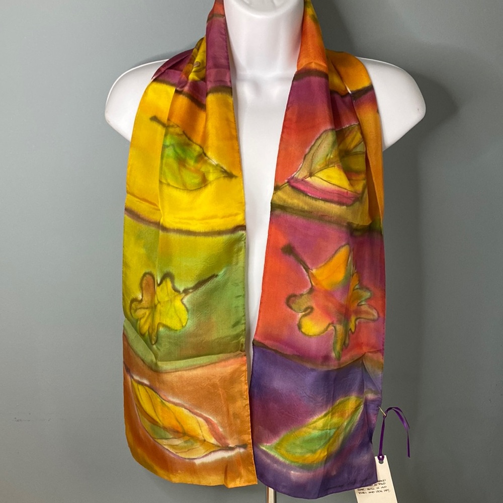 Hand painted silk scarf fall autumn leaves